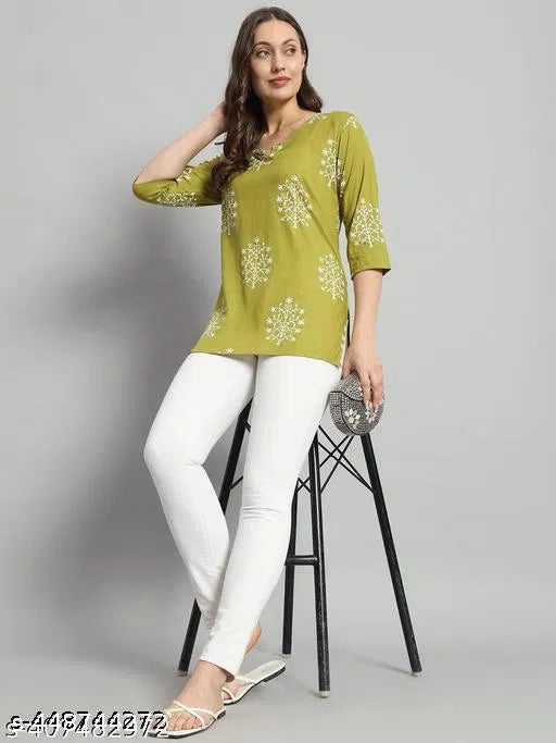 Printed Rayon Green Short Kurti For Girls and Women