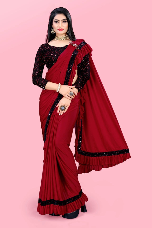 Lycra Blend Solid Saree for Women (Maroon, 6.3 m)