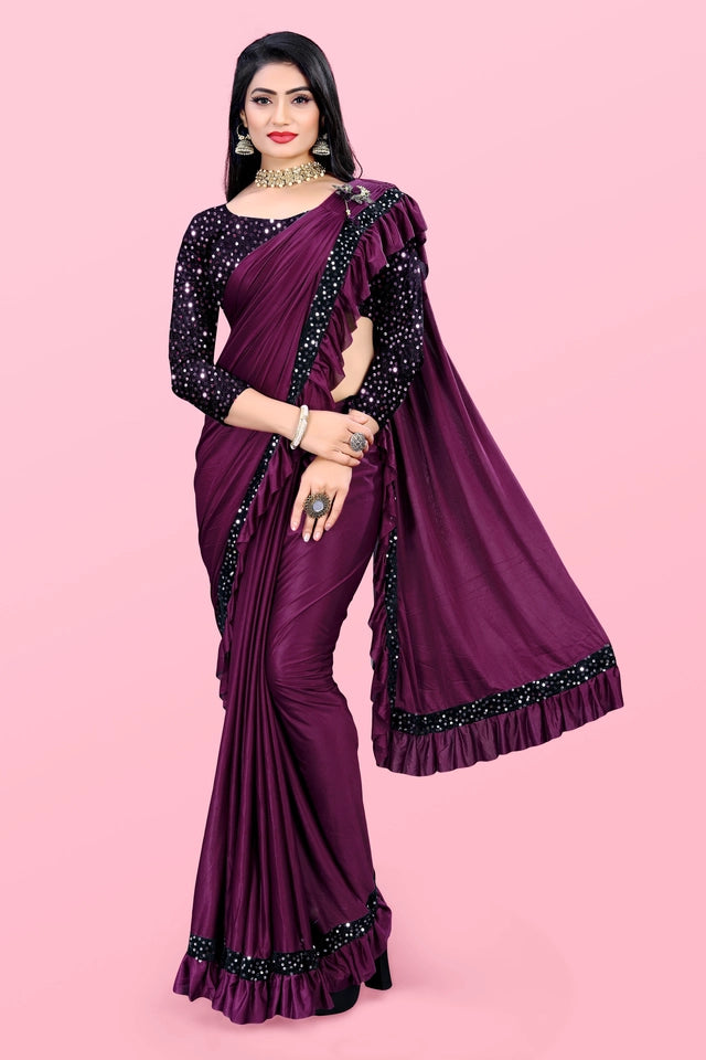 Lycra Blend Solid Saree for Women (Maroon, 6.3 m)